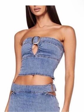 I.AM.GIA Light Blue Denim Strapless Buckle Crop